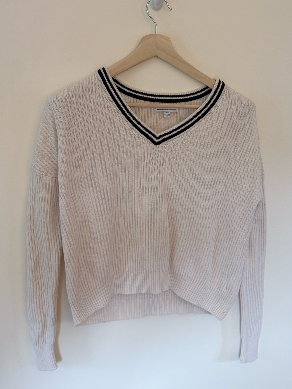 American Eagle Outfitters Ivory V-Neck Sweater with Black Contrast Trim